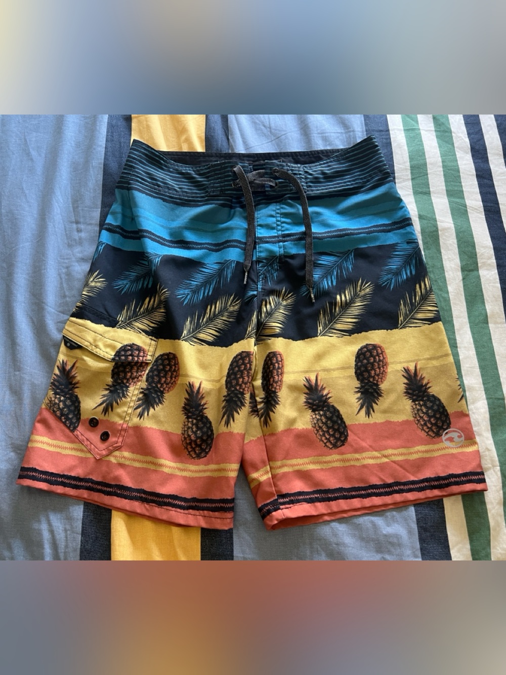 Ocean Current Pineapple Stripe Swim Shorts in Coral, Yellow & Teal
